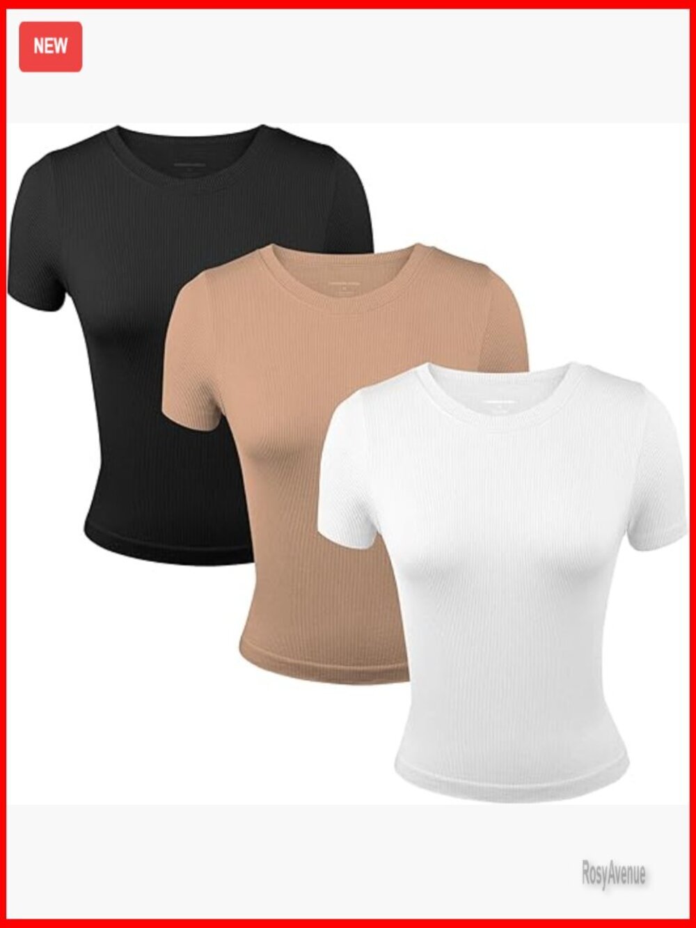 3-Pack Ribbed Stretch Tees, Crewneck Short Sleeve, Workout & Casual